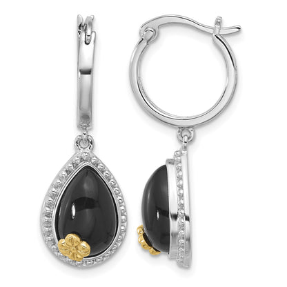Sterling Silver Rhodium-plated w/ 14k accent Flower & Black Onyx Beaded Teardrop Round Dangle Hoop Earrings