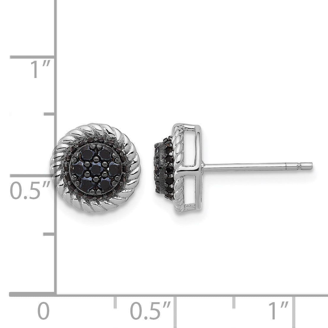 Sterling Silver RH-plated Polished/Twisted Black Spinel Circle Post Earring