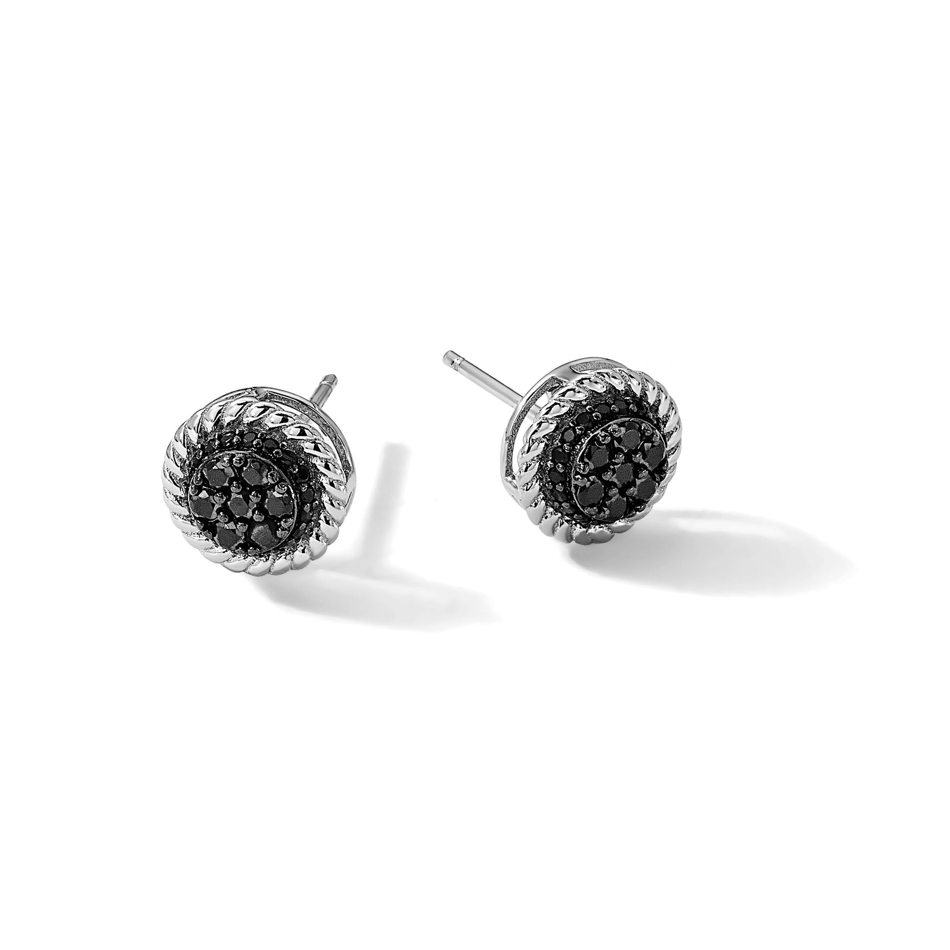 Sterling Silver RH-plated Polished/Twisted Black Spinel Circle Post Earring