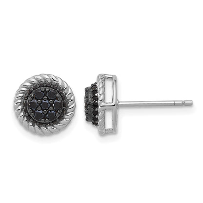 Sterling Silver RH-plated Polished/Twisted Black Spinel Circle Post Earring
