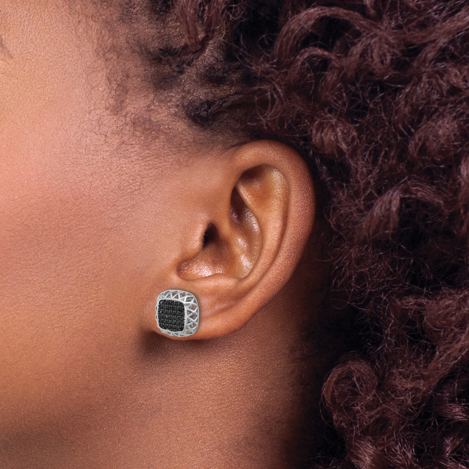 Sterling Silver Rhodium-plated Polished Black Spinel Square Post Earrings