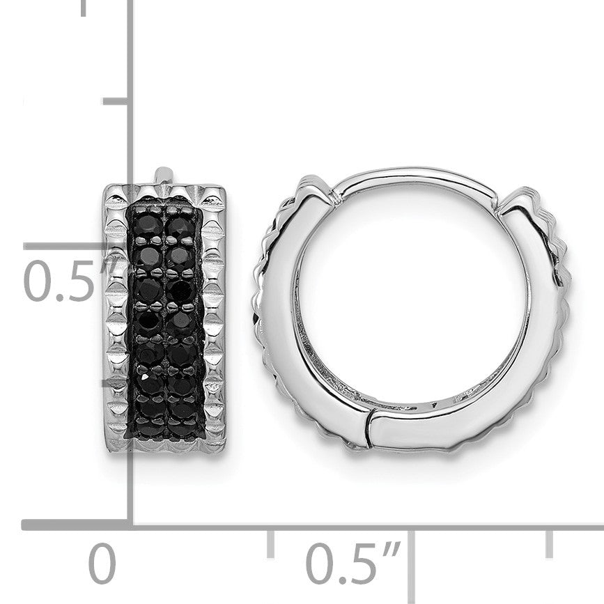 Sterling Silver RH-pltd Polished/Studded Black Spinel Hinged Hoop Earrings