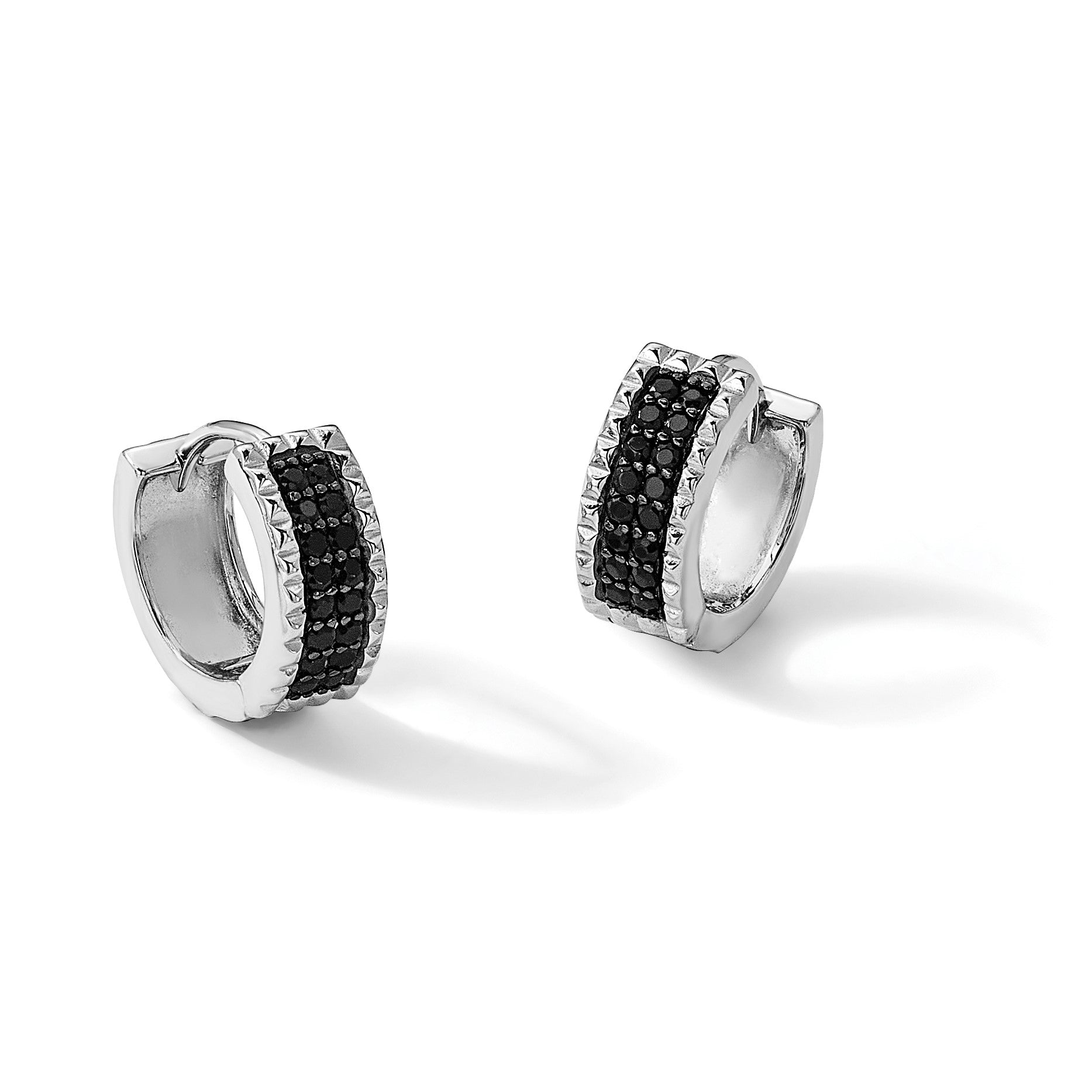 Sterling Silver RH-pltd Polished/Studded Black Spinel Hinged Hoop Earrings
