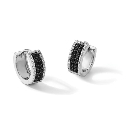Sterling Silver RH-pltd Polished/Studded Black Spinel Hinged Hoop Earrings