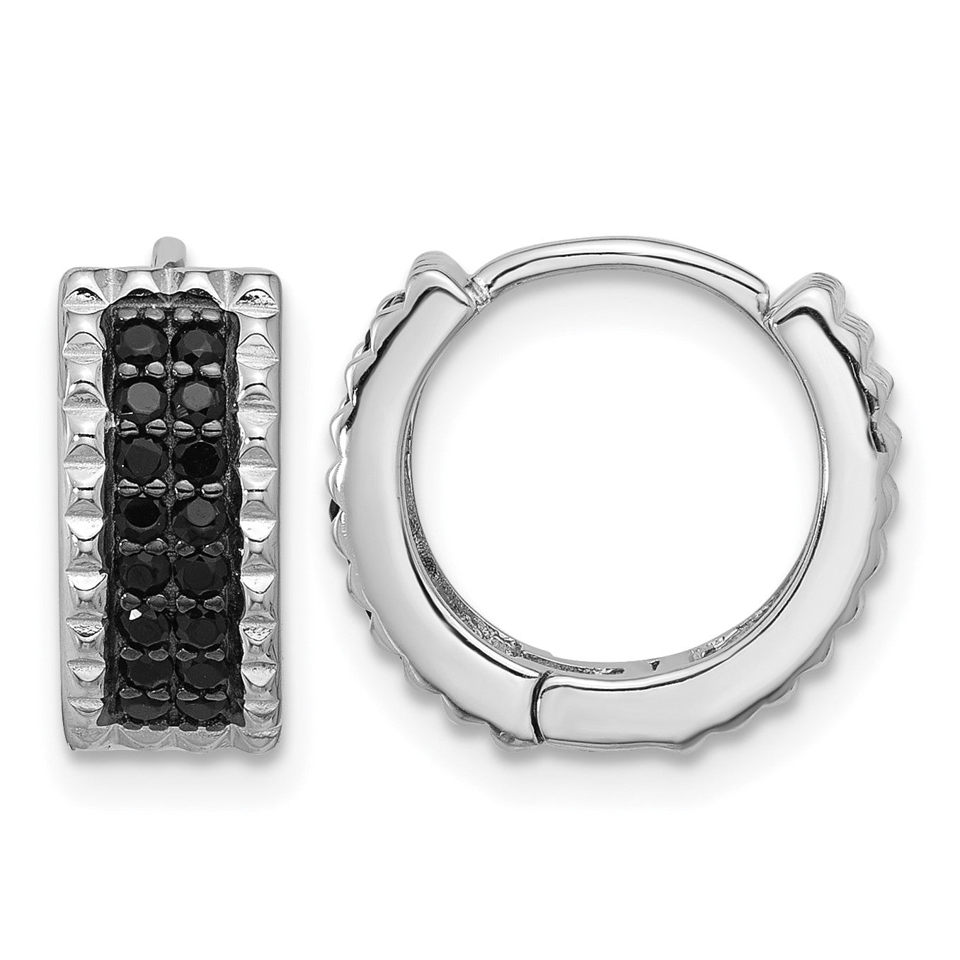 Sterling Silver RH-pltd Polished/Studded Black Spinel Hinged Hoop Earrings