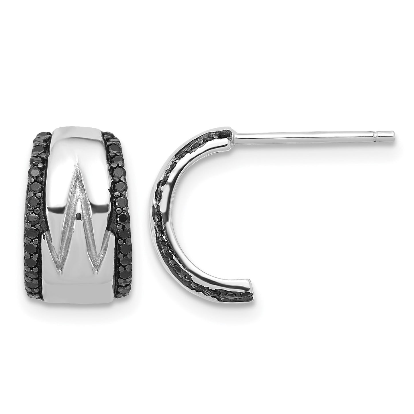 Sterling Silver RH-plated Polished Black Spinel Post C-Hoop Earrings
