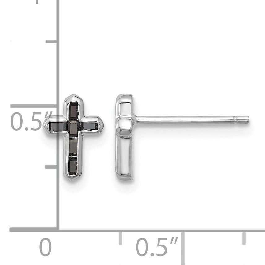 Sterling Silver Rhodium-plated Polished Black Spinel Cross Post Earrings