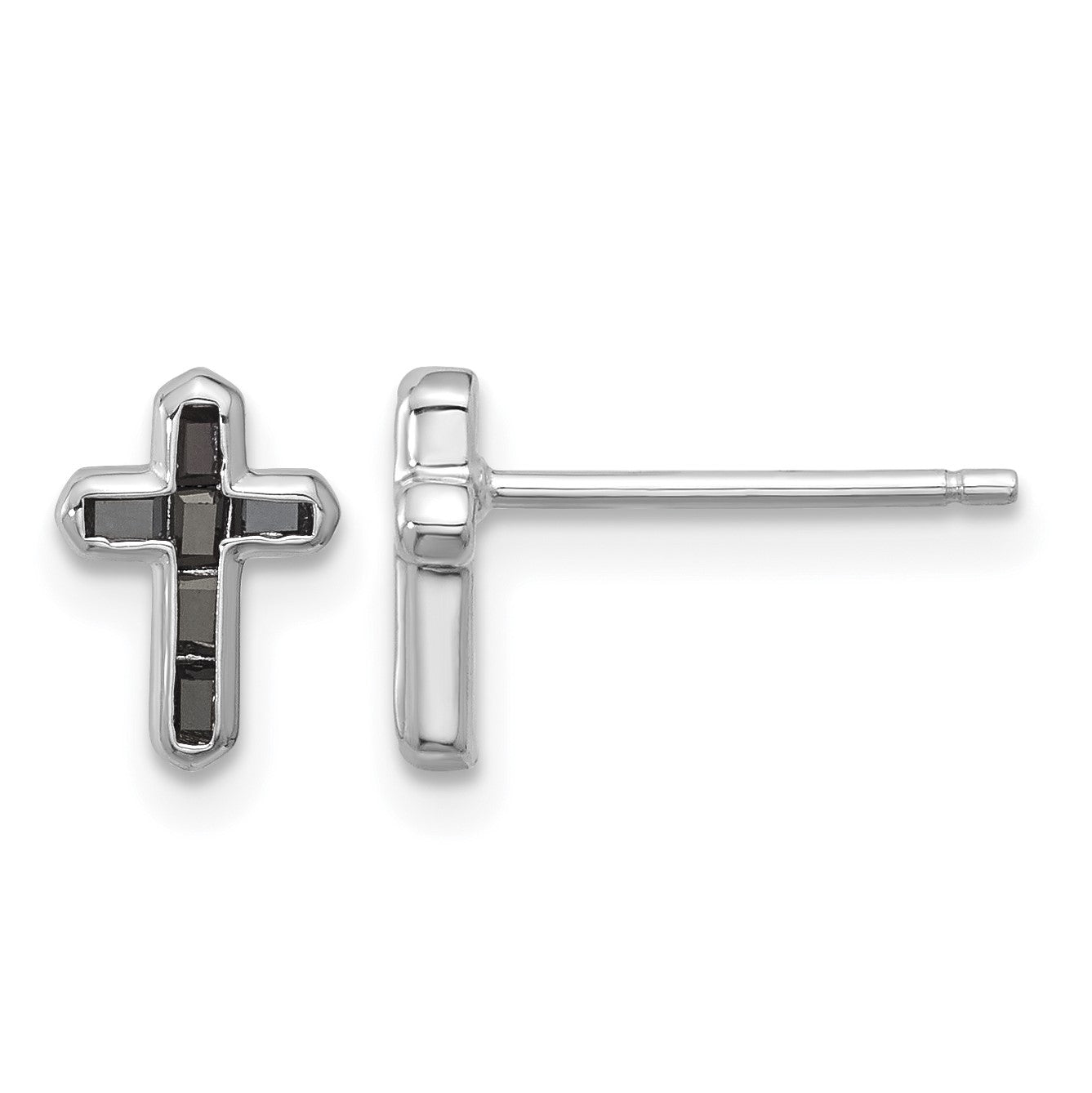 Sterling Silver Rhodium-plated Polished Black Spinel Cross Post Earrings