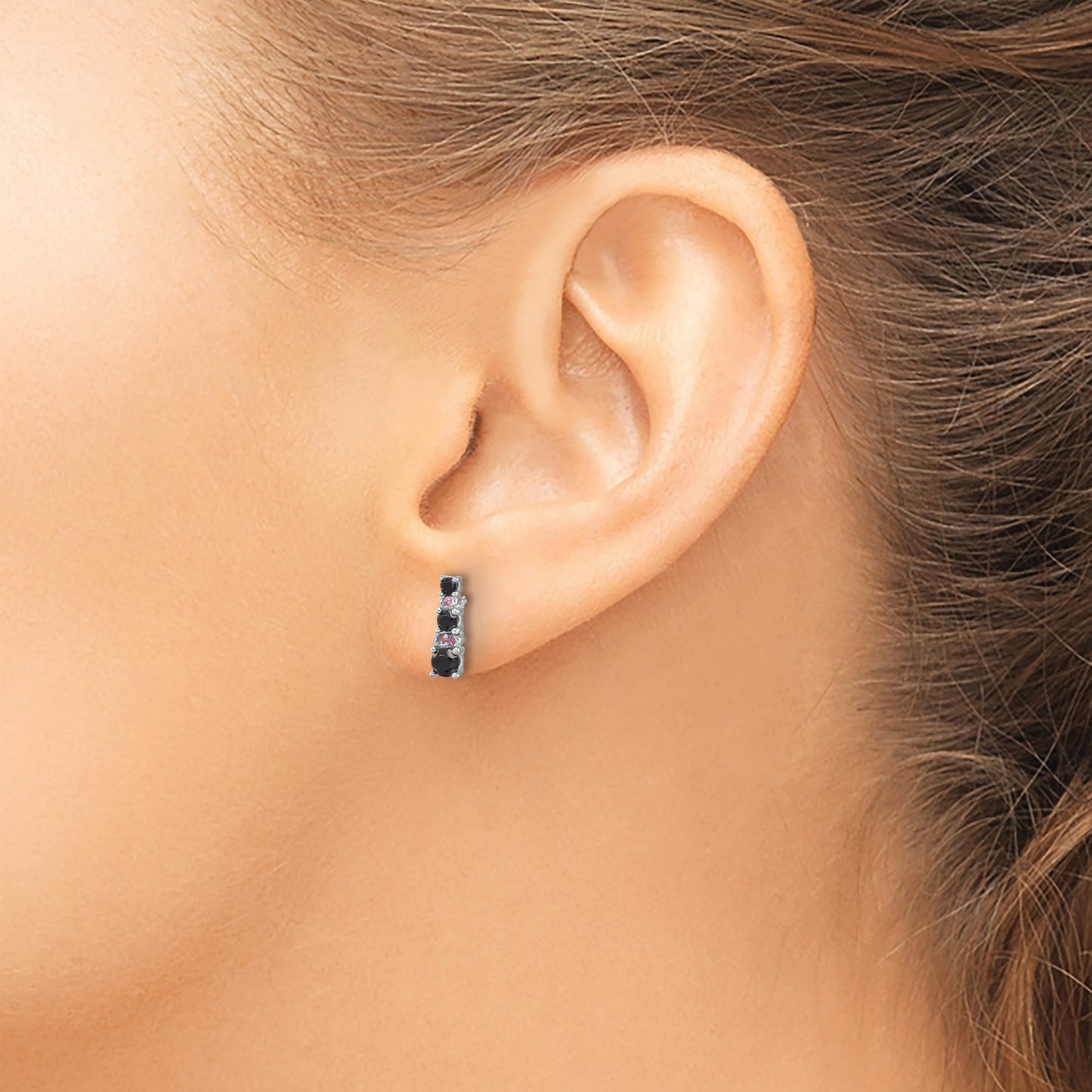 Sterling Silver RH-plated Black Spinel/Created White Sapphire Post Earrings