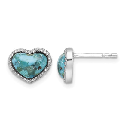 Sterling Silver RH-pltd Beaded Edge Recon. Turquoise Heart Post Earrings