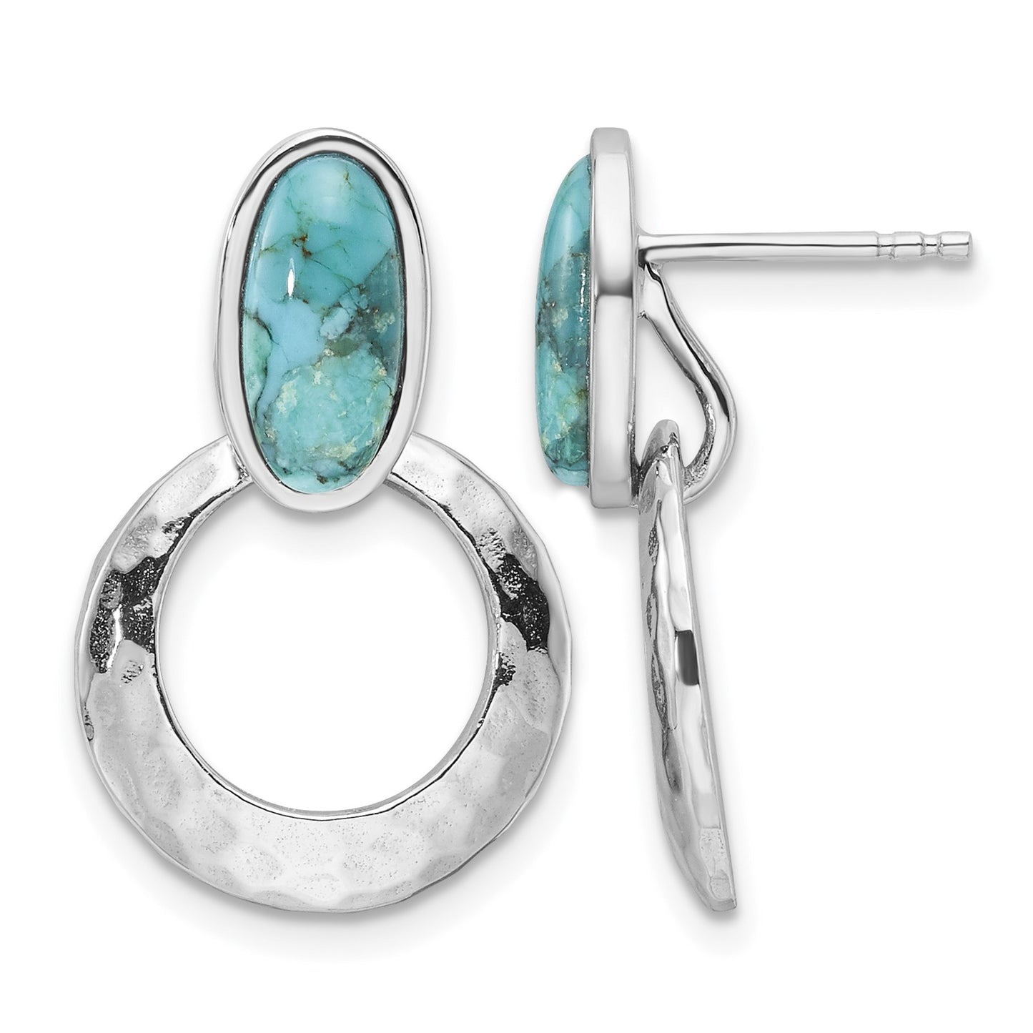 Sterling Silver Rhodium-plated Polished & Hammered Reconstituted Turquoise Post Dangle Earrings