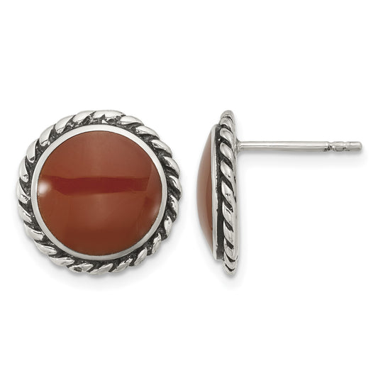 Sterling Silver Polished & Oxidized Twisted Edge Carnelian Post Earrings