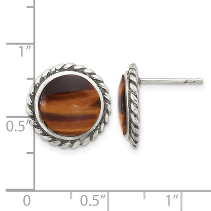 Sterling Silver Polished & Oxidized Twisted Edge Tiger's Eye Post Earrings