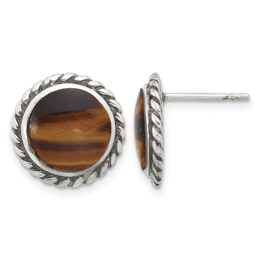 Sterling Silver Polished & Oxidized Twisted Edge Tiger's Eye Post Earrings