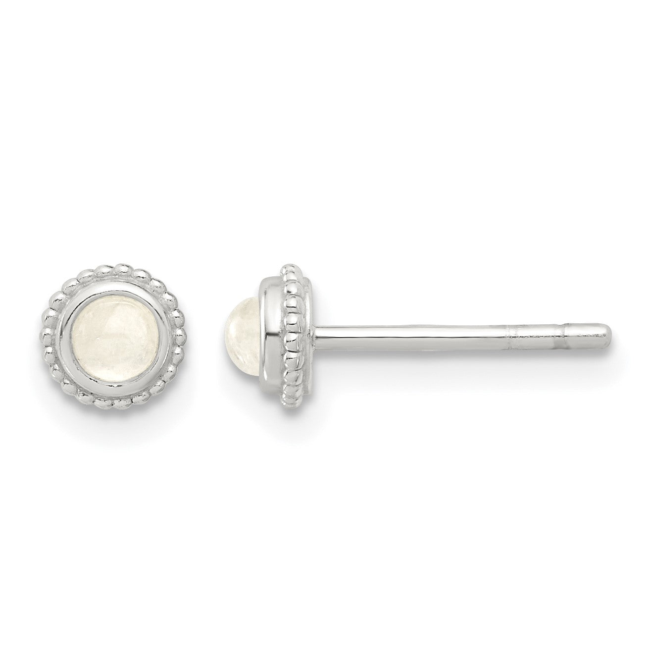 Sterling Silver E-coated Polished Beaded Round Moonstone Post Earrings