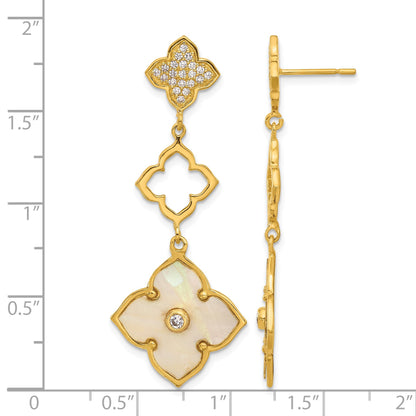 Sterling Silver Gold-tone Polished MOP & CZ Floral Post Dangle Earrings