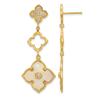 Sterling Silver Gold-tone Polished MOP & CZ Floral Post Dangle Earrings