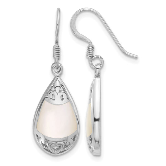 Sterling Silver RH-plated Polished MOP Filigree Teardrop Dangle Earrings