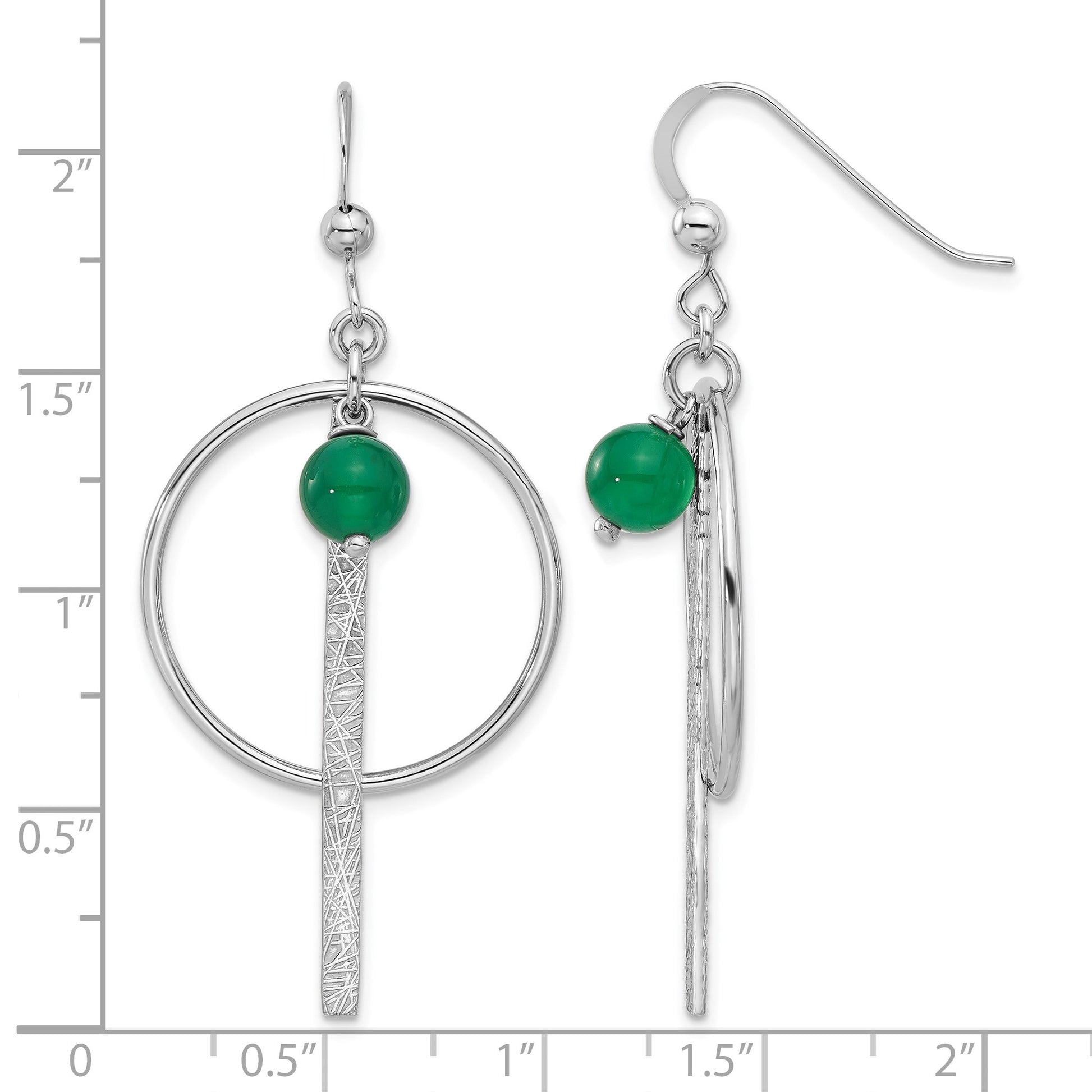 Sterling Silver Rhodium-plated Circle/Bar Green Onyx Dangle Earrings