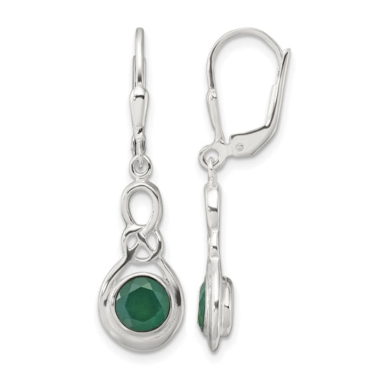 Sterling Silver Polished Green Onyx Knot Leverback Dangle Earrings