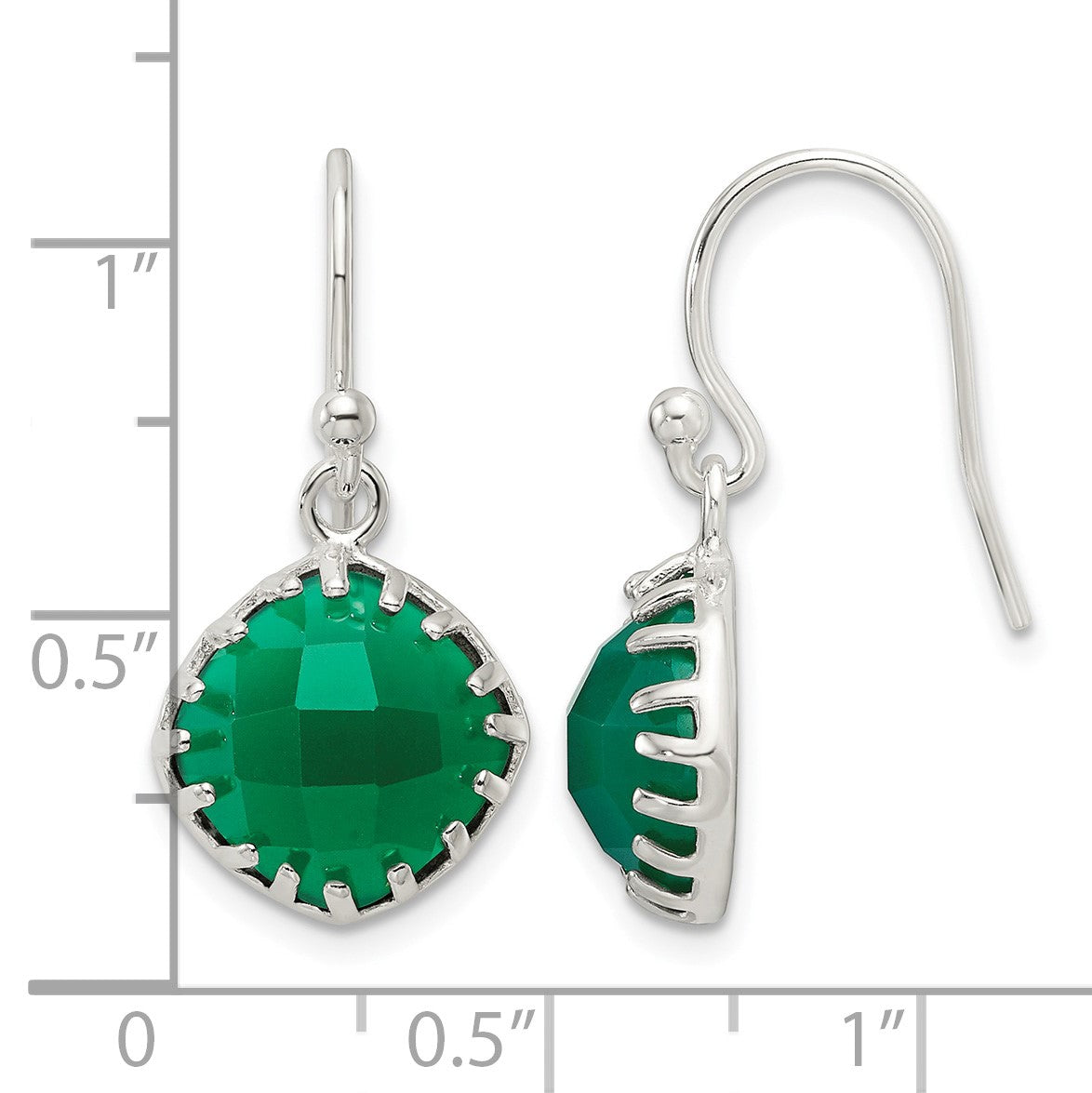 Sterling Silver Polished Checkerboard Green Onyx Cushion Dangle Earrings