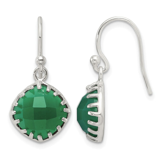 Sterling Silver Polished Checkerboard Green Onyx Cushion Dangle Earrings