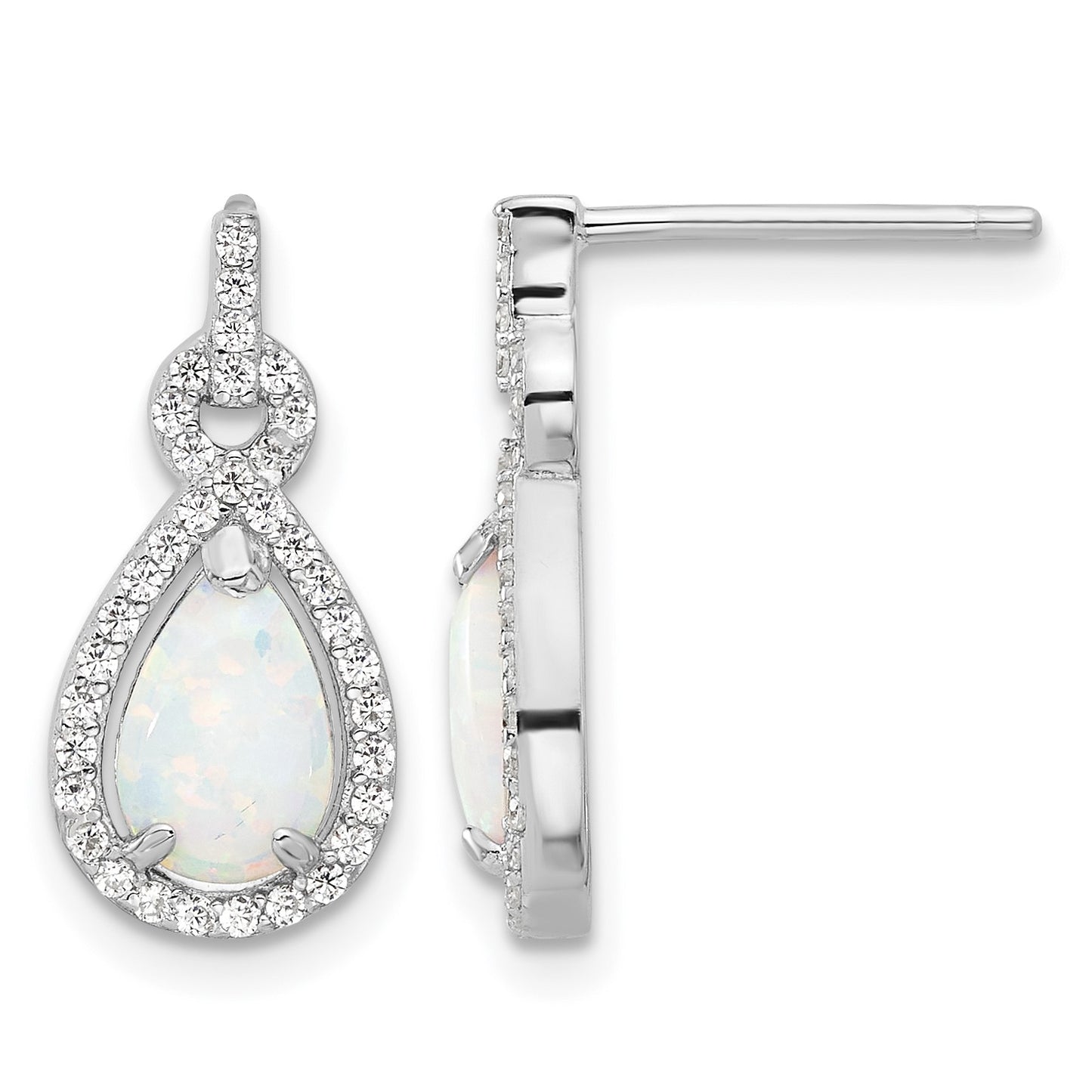 Sterling Silver RH-plated Cr. Opal & CZ Teardrop Post Dangle Earrings