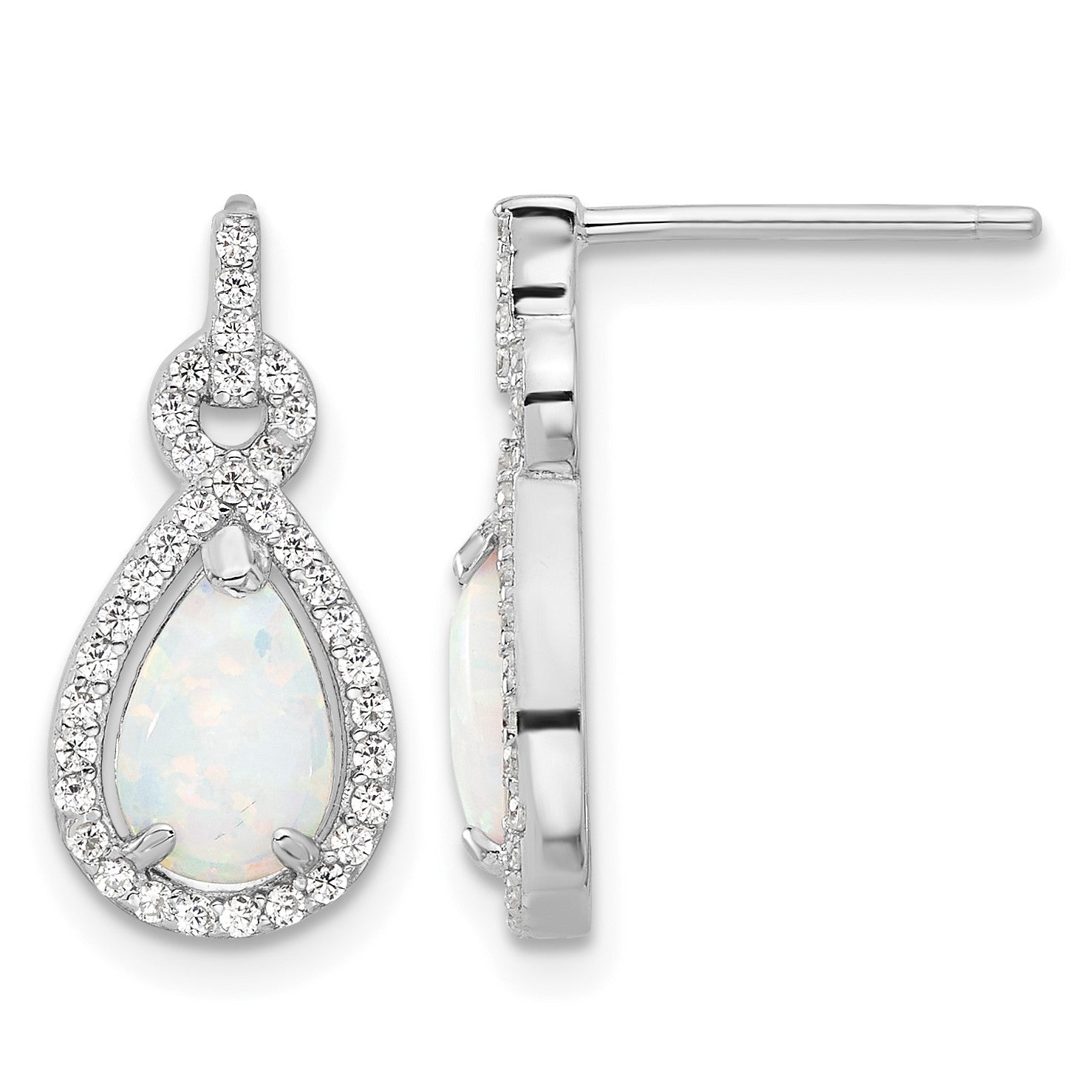 Sterling Silver RH-plated Cr. Opal & CZ Teardrop Post Dangle Earrings