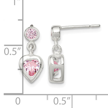 Sterling Silver Polished Pink Heart CZ Post Dangle Earrings