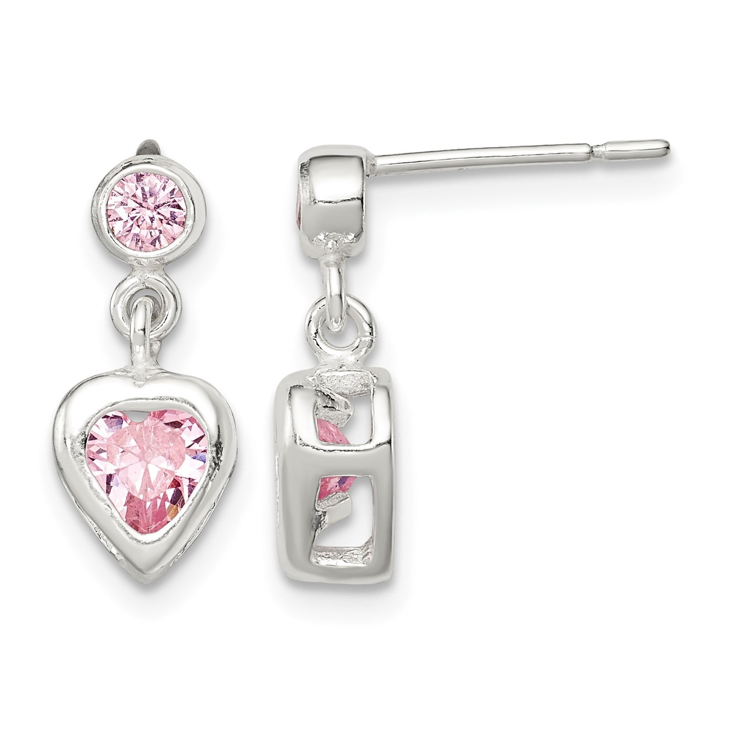 Sterling Silver Polished Pink Heart CZ Post Dangle Earrings