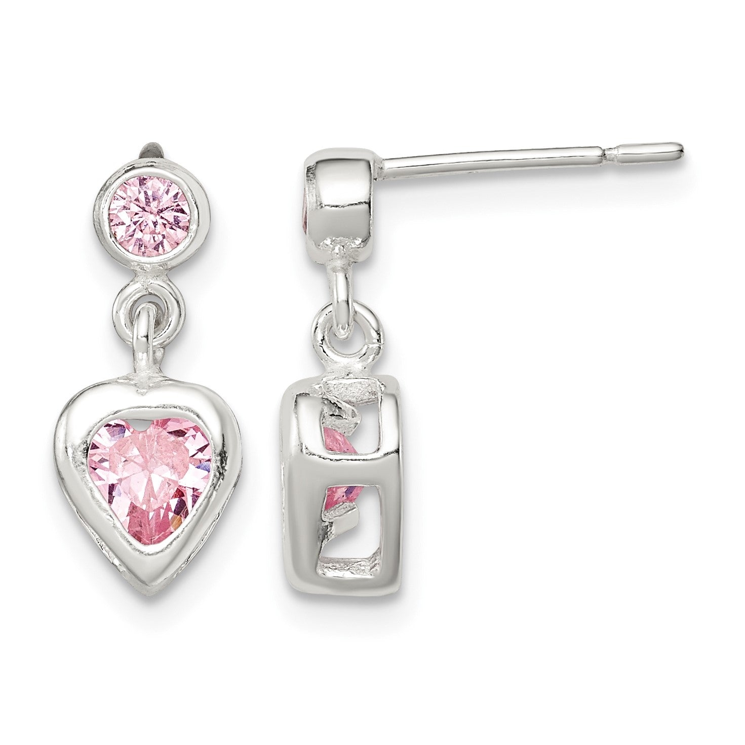 Sterling Silver Polished Pink Heart CZ Post Dangle Earrings