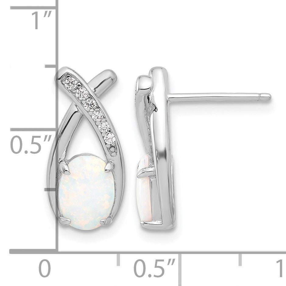 Sterling Silver Rhodium-plated Polished CZ & Created Opal 'X' Post Earrings