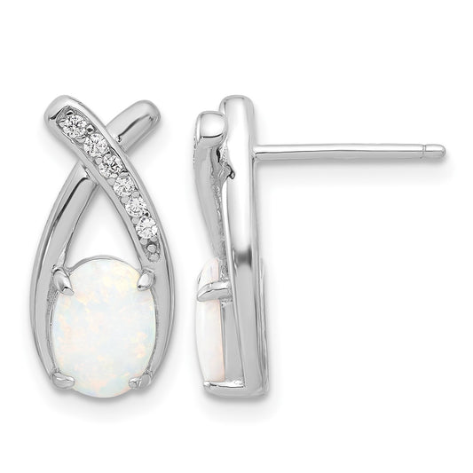 Sterling Silver Rhodium-plated Polished CZ & Created Opal 'X' Post Earrings