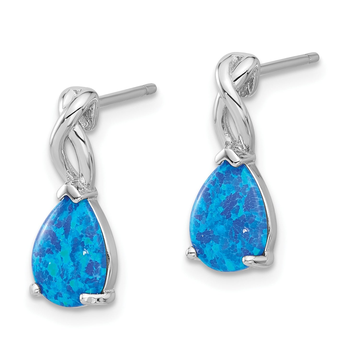 Sterling Silver RH-plated Polished Blue Created Opal Teardrop Post Earrings