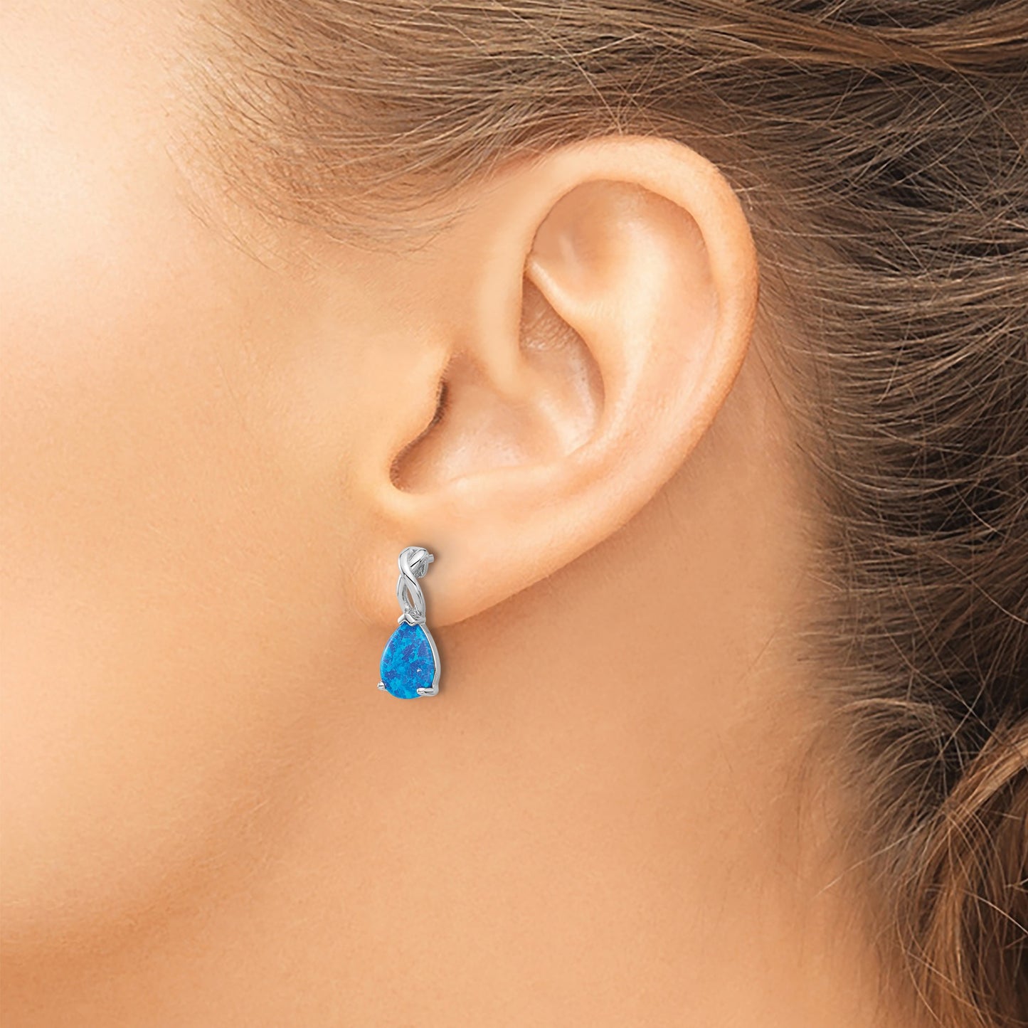 Sterling Silver RH-plated Polished Blue Created Opal Teardrop Post Earrings