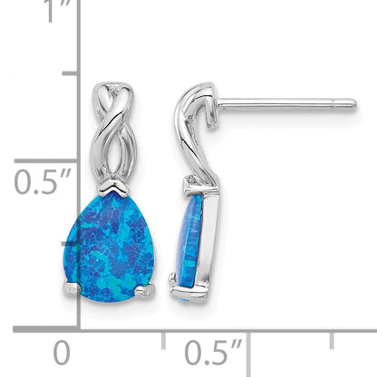 Sterling Silver RH-plated Polished Blue Created Opal Teardrop Post Earrings