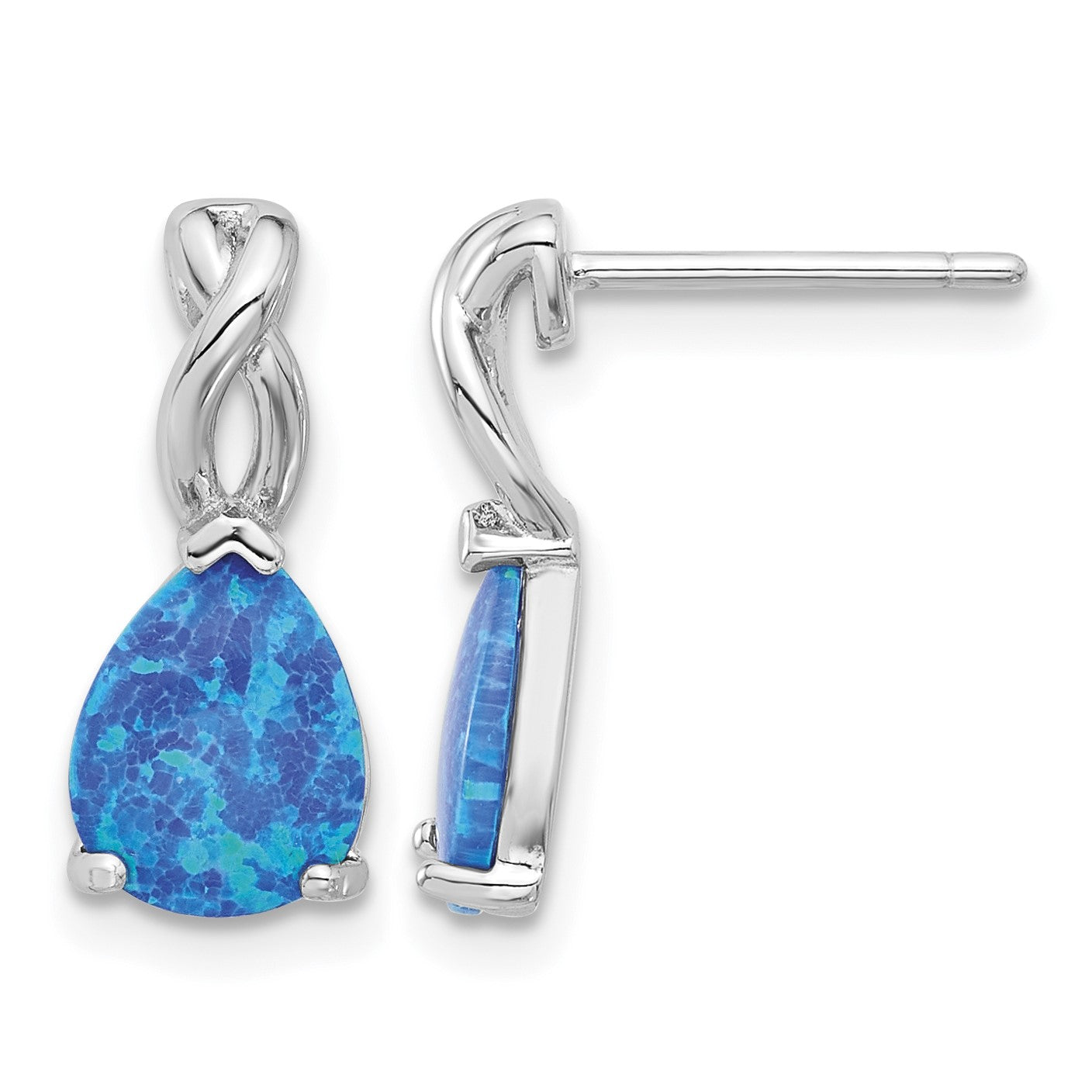 Sterling Silver RH-plated Polished Blue Created Opal Teardrop Post Earrings