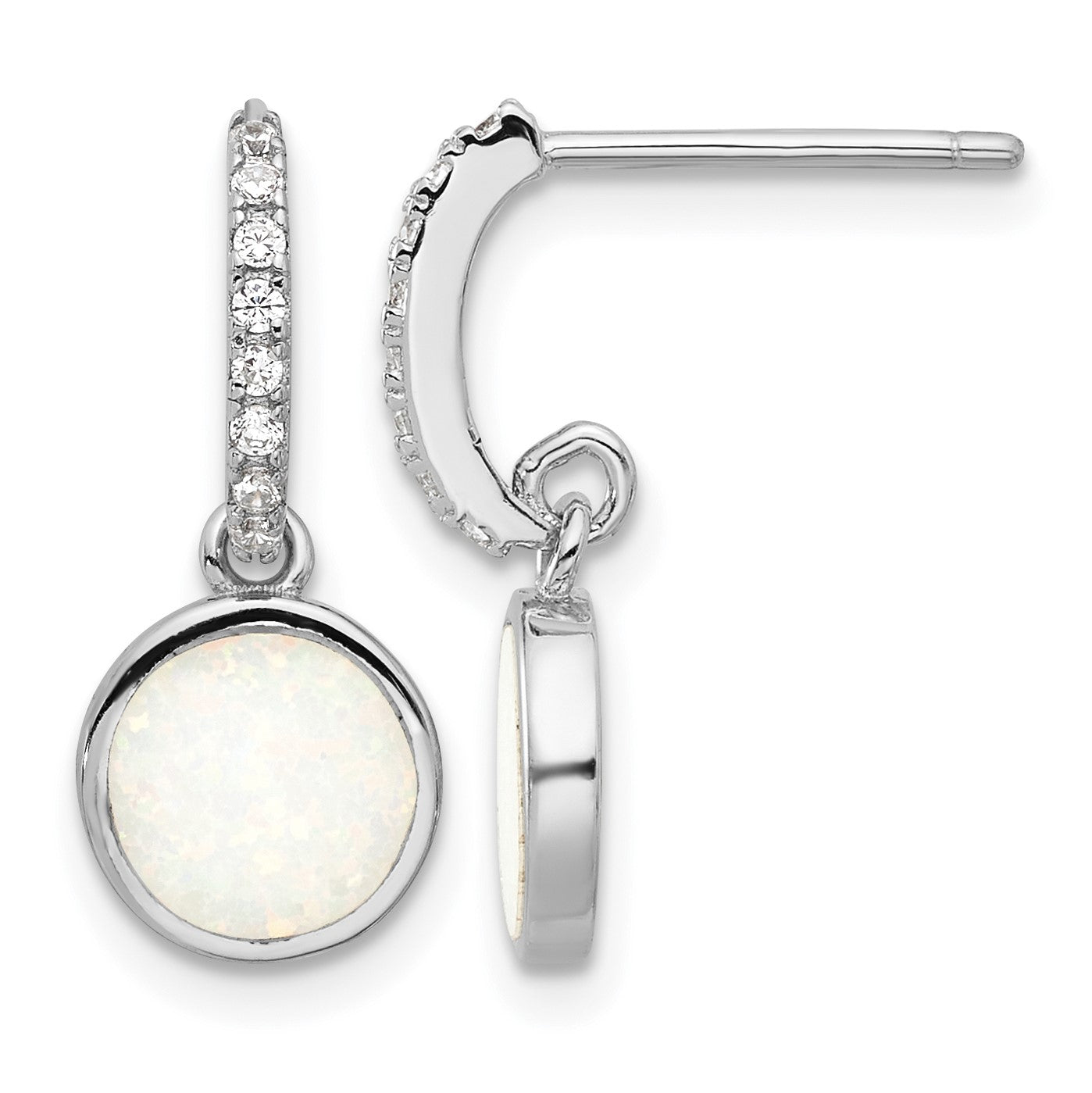 Sterling Silver RH-plated Polished CZ & Created Opal Post Dangle Earrings