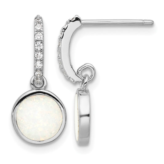Sterling Silver RH-plated Polished CZ & Created Opal Post Dangle Earrings