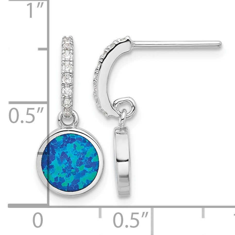 Sterling Silver RH-plated Polished CZ & Blue Cr. Opal Post Dangle Earrings