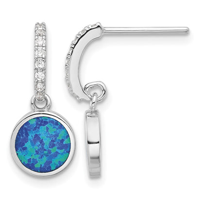 Sterling Silver RH-plated Polished CZ & Blue Cr. Opal Post Dangle Earrings