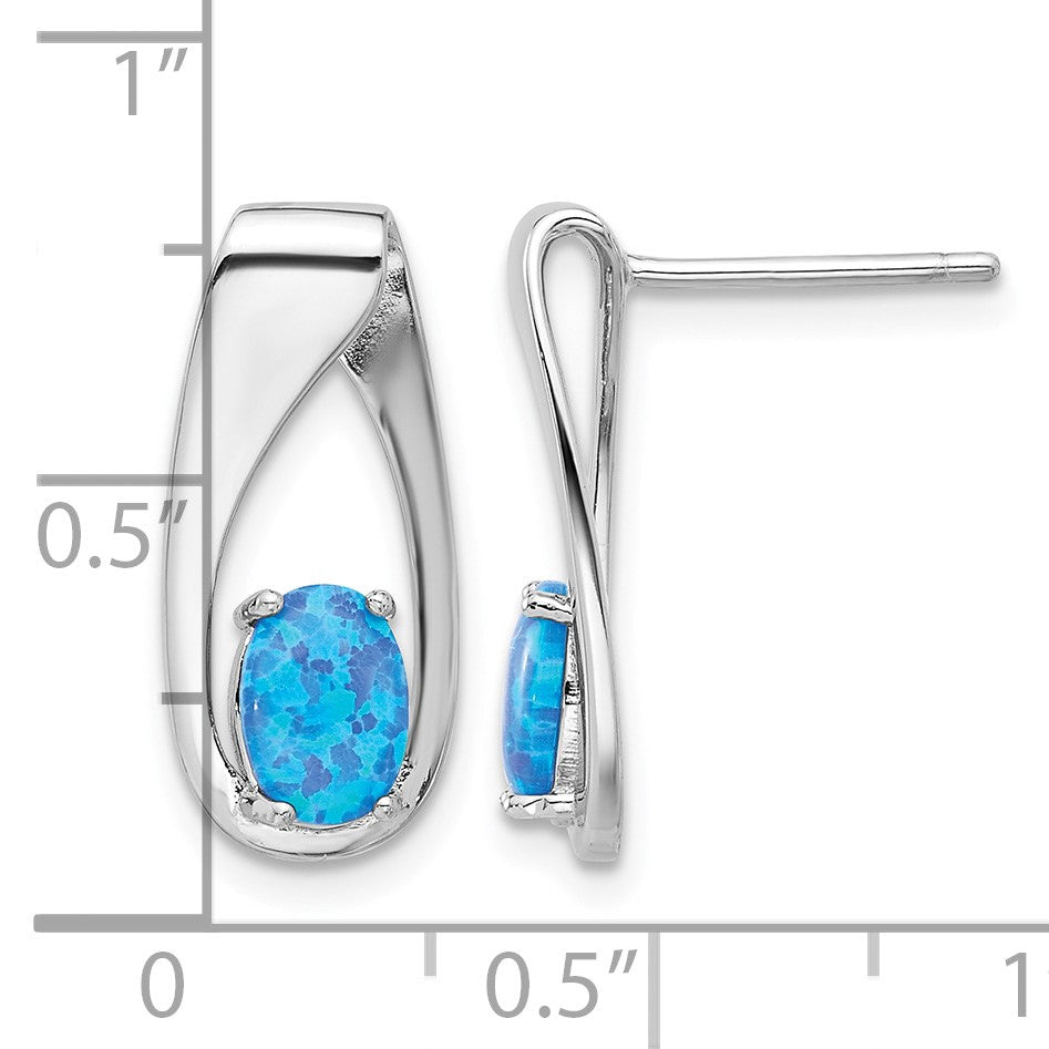 Sterling Silver Rhod-plated Polished Blue Created Opal Oval Post Earrings