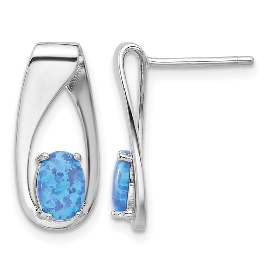 Sterling Silver Rhod-plated Polished Blue Created Opal Oval Post Earrings