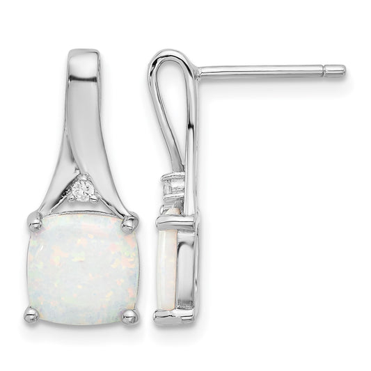 Sterling Silver Rhodium-plated Polished CZ & Created Opal Post Earrings