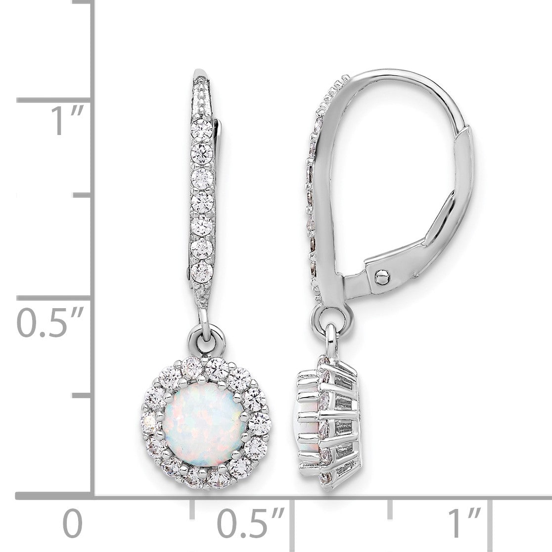 Sterling Silver RH-plated CZ & Cr. Opal Halo Dangle Leverback Earrings