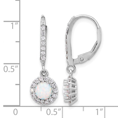 Sterling Silver RH-plated CZ & Cr. Opal Halo Dangle Leverback Earrings