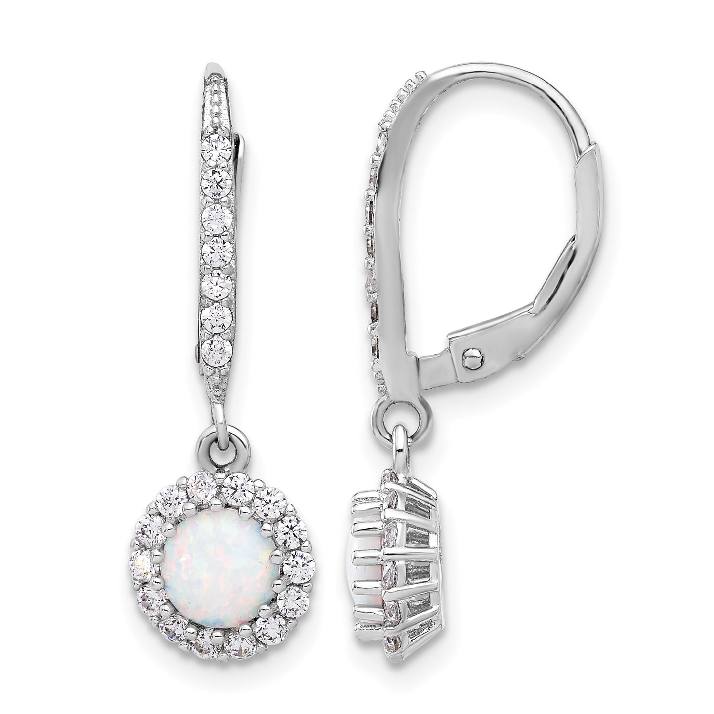 Sterling Silver RH-plated CZ & Cr. Opal Halo Dangle Leverback Earrings