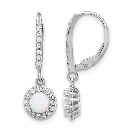 Sterling Silver RH-plated CZ & Cr. Opal Halo Dangle Leverback Earrings