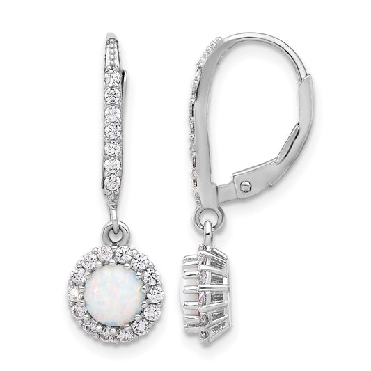 Sterling Silver RH-plated CZ & Cr. Opal Halo Dangle Leverback Earrings
