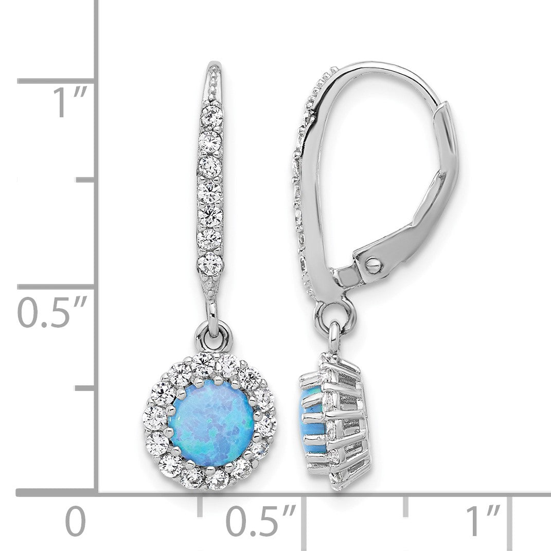 Sterling Silver RH-plated CZ & Blue Cr. Opal Halo Dangle Leverback Earrings